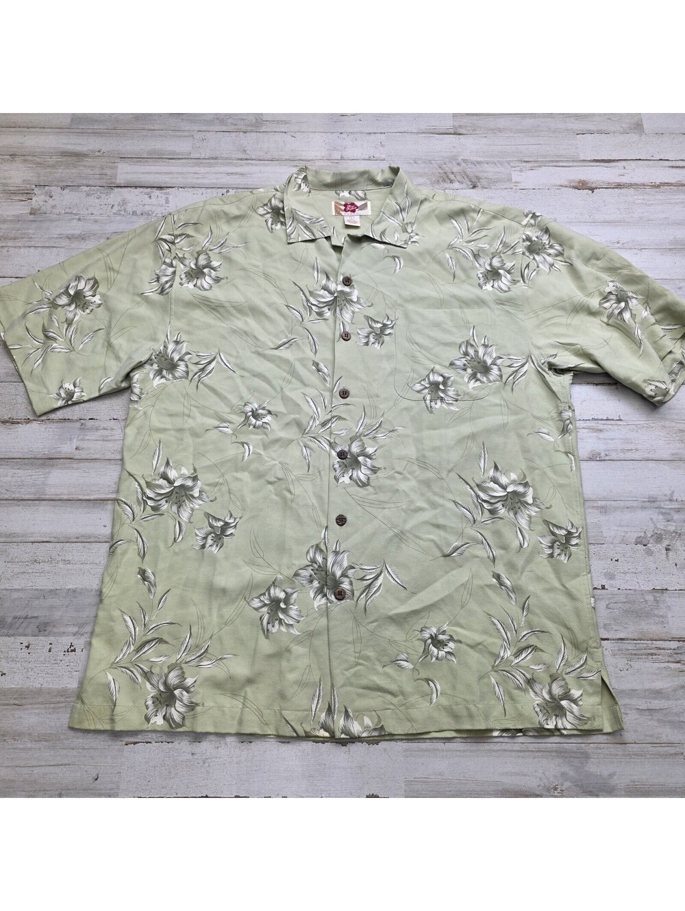 Hilo Hattie Mens 100% Silk Button Front S/S Beige Floral Hawaiian Shirt Sz  LG